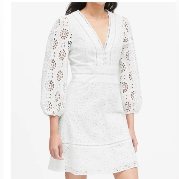 Banana Republic Eyelet Puff-Sleeve White Mini Dress size 12 - Picture 2 of 7
